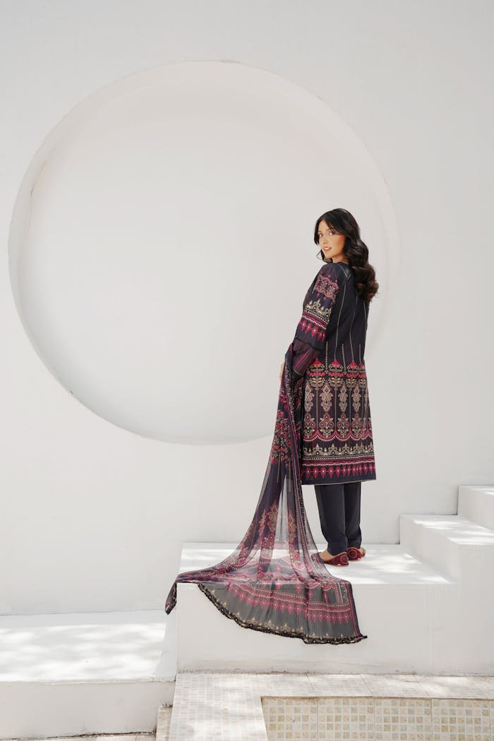 gallery-04 Fashion model in traditional Pakistani embroidered outfit posing outdoors.